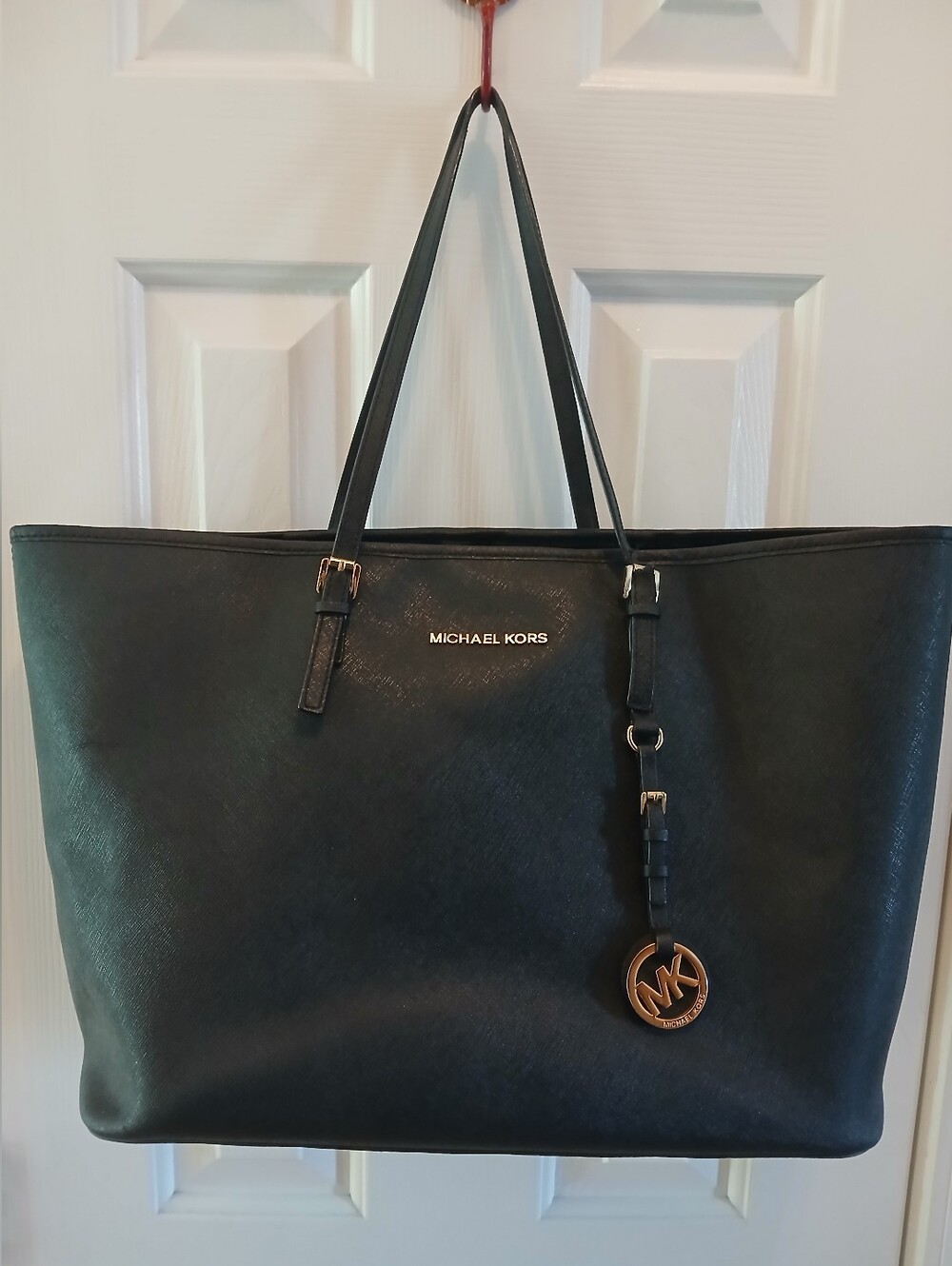 Michael Kors Black Leather Logo Tote with Gold Charm